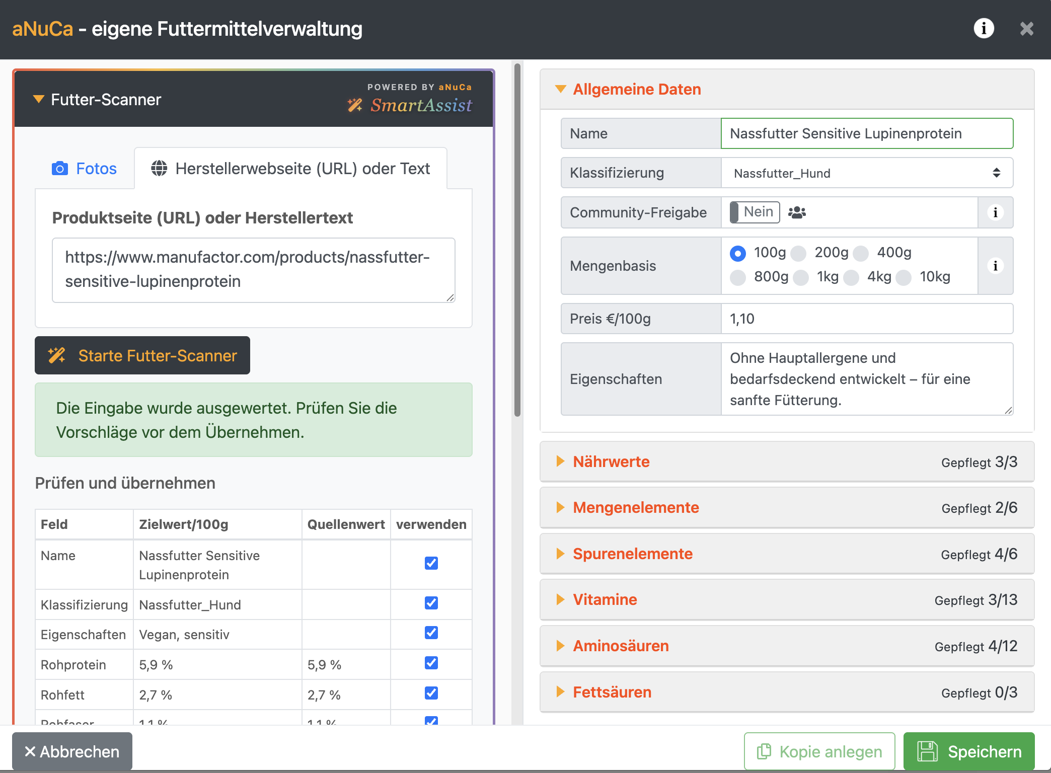 SmartAssist extracts nutritional values from a product page and transfers them to the form