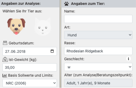 Enter pet data: name, species, breed, age and weight