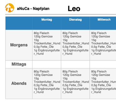Create bowl plan: weekly table with quantities for Mornings, Noon and Evenings